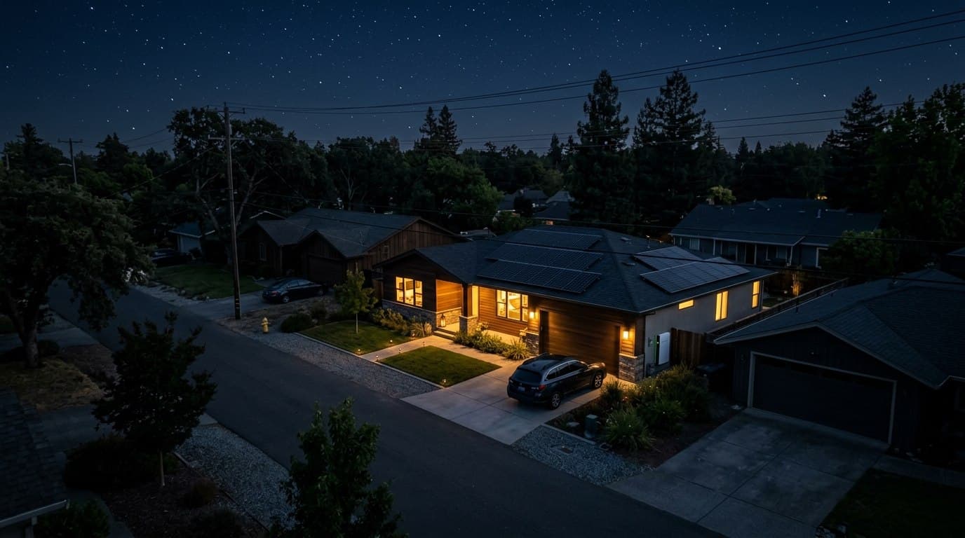 Solar-powered home with battery backup keeping the lights on during a blackout in Travis County, Texas