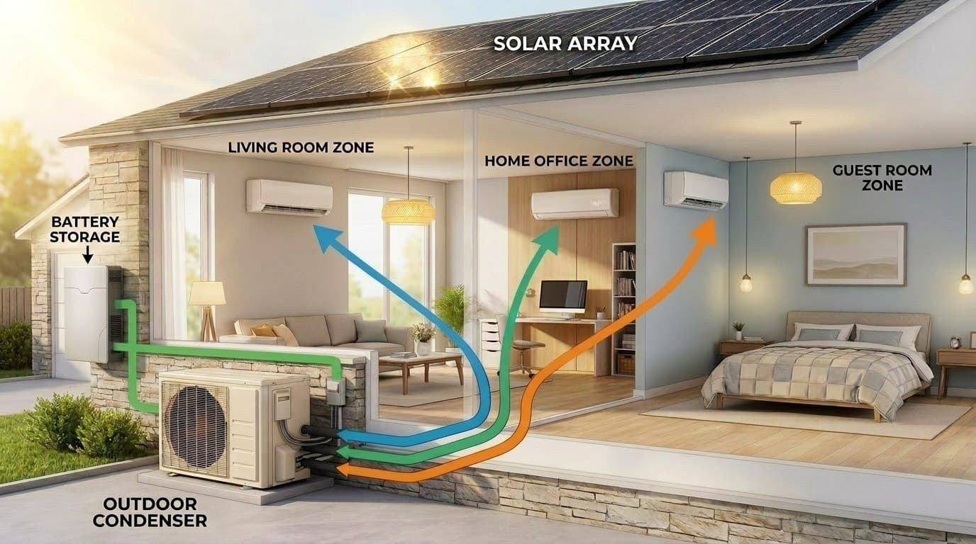 Cutaway of a home showing rooftop solar feeding battery storage and a mini-split system that heats and cools the living room, home office, and guest room.