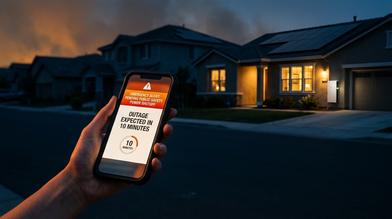Power outage alert on a phone while a solar-battery home stays powered in Austin, Texas